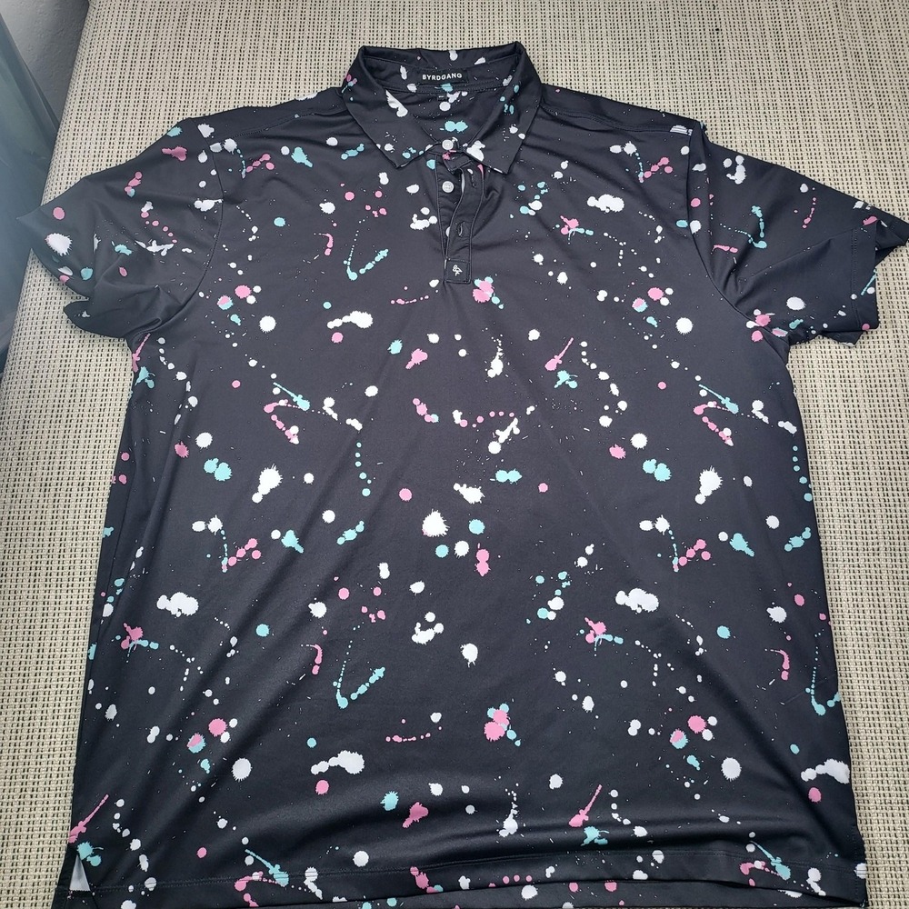 BYRDGANG Polo Shirt Mens 2XL Black Paint Splatter Golf Short Sleeve Casual‎